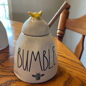 Rae Dunn, “Bumble” honey jar with wooden spoon. Never used. Perfect condition!